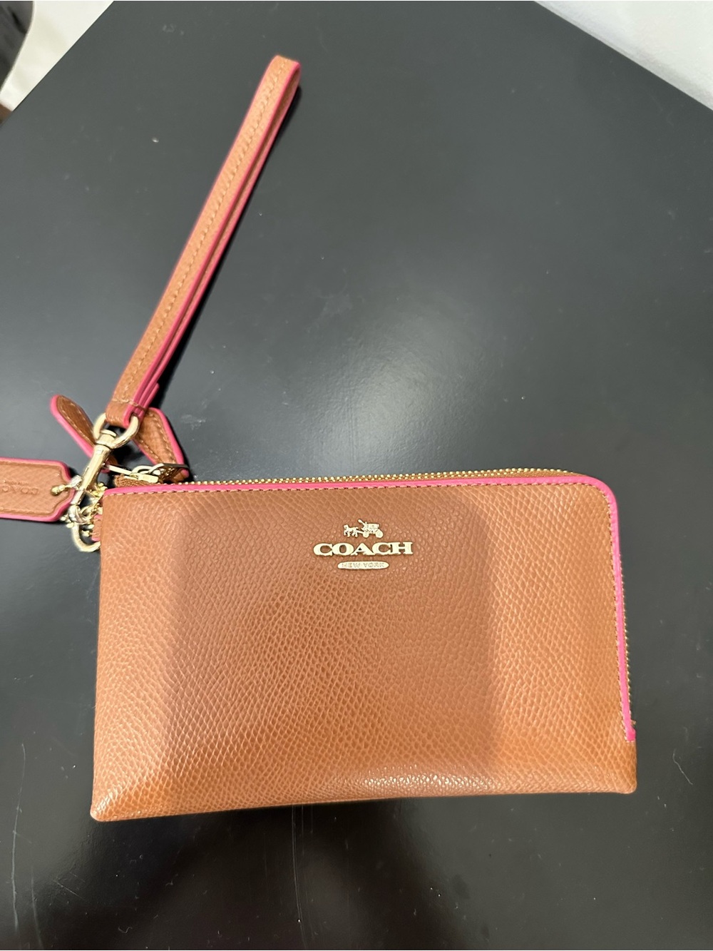 COACH Brown Leather Wristlet with Pink Trim